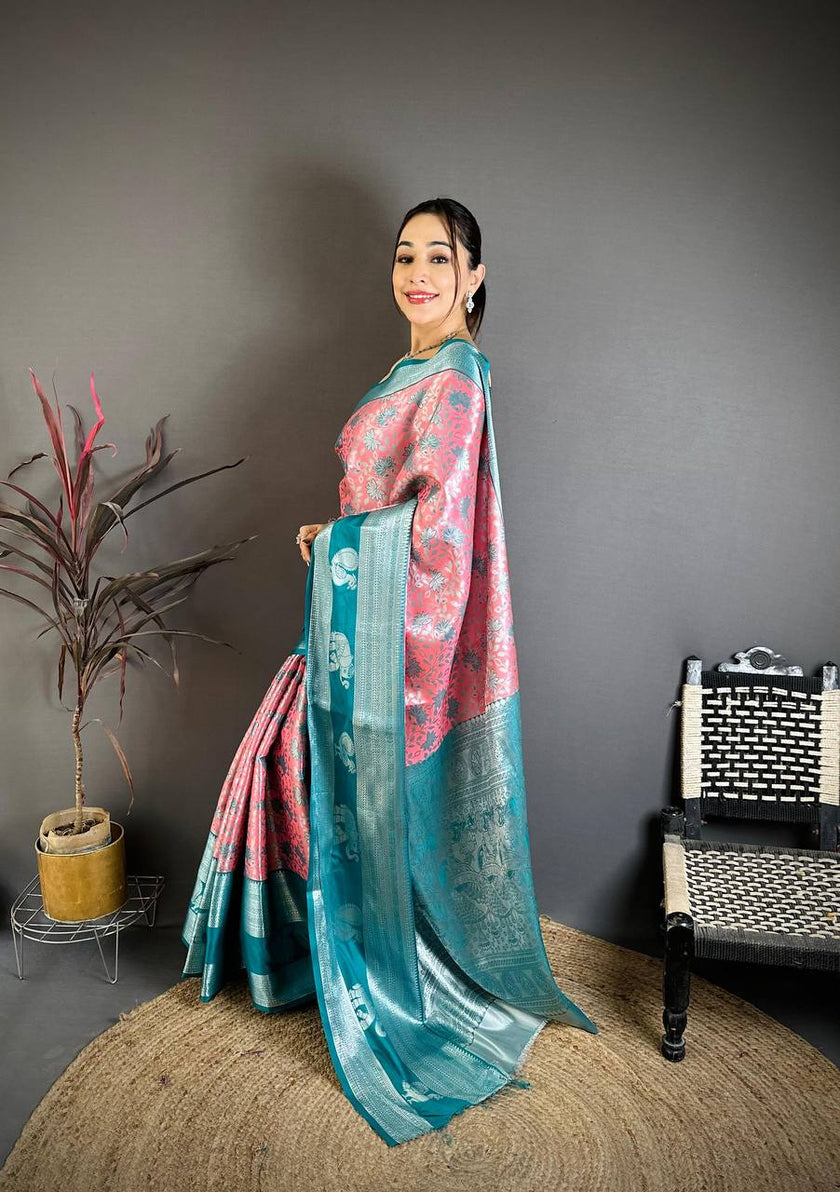 Sea Green & Pink Soft Silk Saree with Silver Zari Border & Elephant Motif Pallu | Premium Festive Wear
