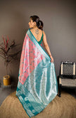 Sea Green & Pink Soft Silk Saree with Silver Zari Border & Elephant Motif Pallu | Premium Festive Wear