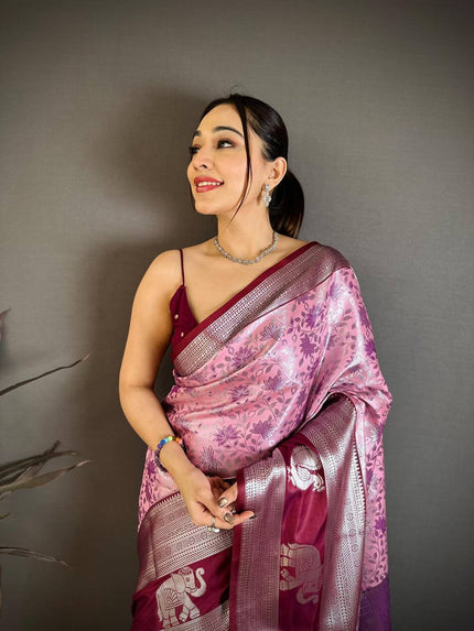 Rose Pink & Wine Soft Silk Saree with Silver Zari Border & Elephant Motif Pallu | Premium Festive Wear