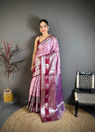 Rose Pink & Wine Soft Silk Saree with Silver Zari Border & Elephant Motif Pallu | Premium Festive Wear