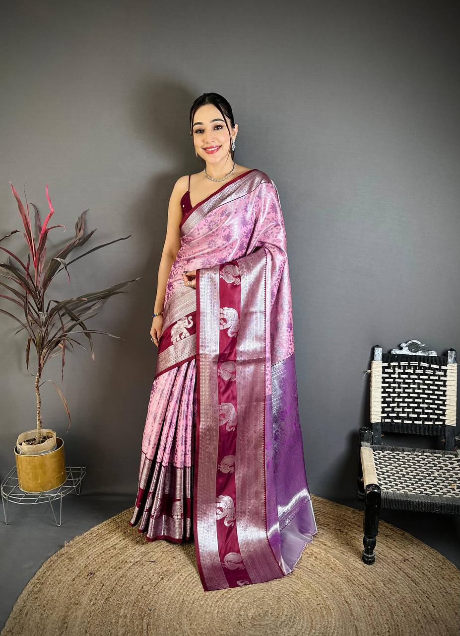Rose Pink & Wine Soft Silk Saree with Silver Zari Border & Elephant Motif Pallu | Premium Festive Wear