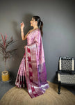 Rose Pink & Wine Soft Silk Saree with Silver Zari Border & Elephant Motif Pallu | Premium Festive Wear