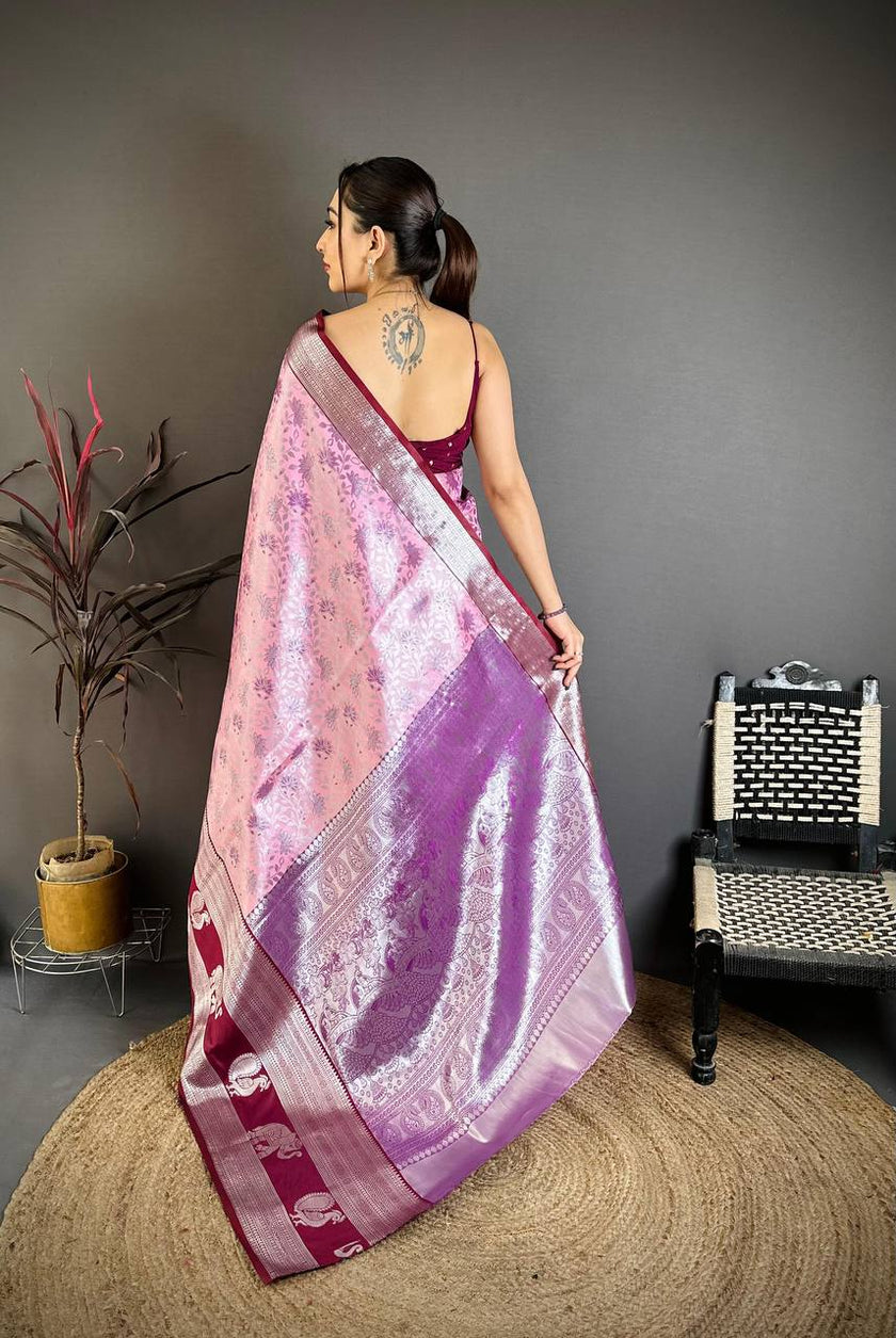 Rose Pink & Wine Soft Silk Saree with Silver Zari Border & Elephant Motif Pallu | Premium Festive Wear