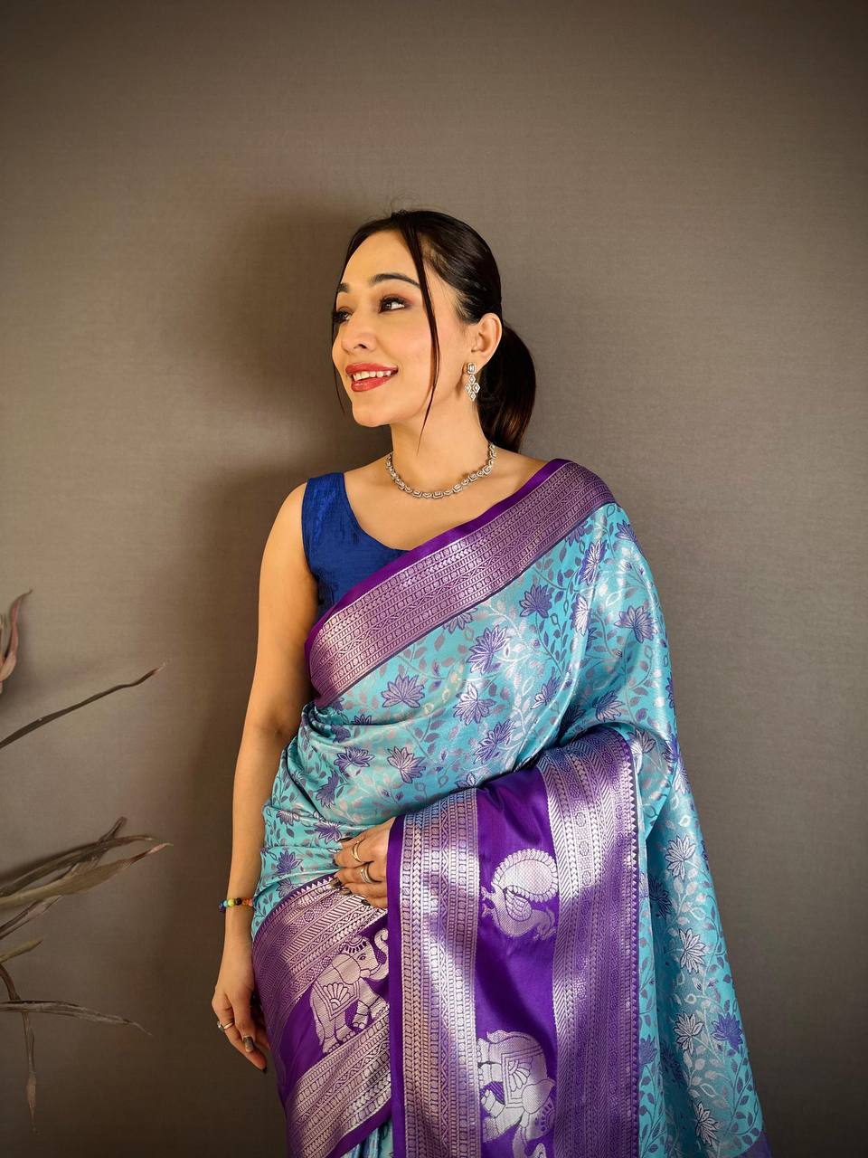 Sky Blue & Royal Purple Soft Silk Saree with Silver Zari Border & Elephant Motif Pallu | Premium Festive Wear