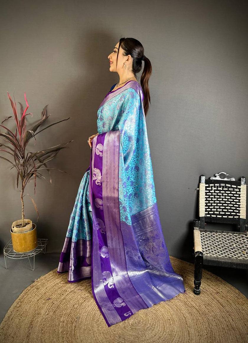 Sky Blue & Royal Purple Soft Silk Saree with Silver Zari Border & Elephant Motif Pallu | Premium Festive Wear