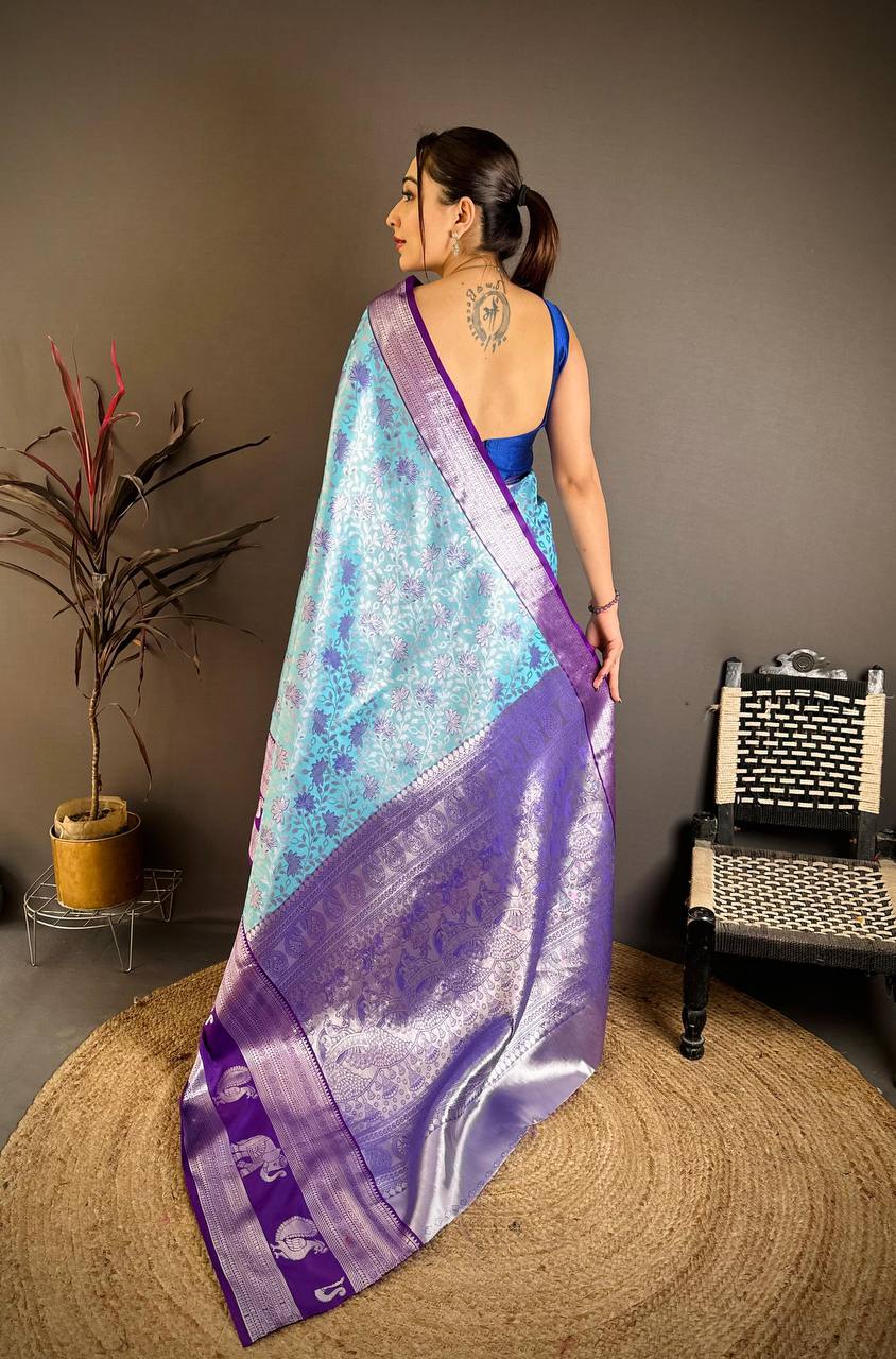 Sky Blue & Royal Purple Soft Silk Saree with Silver Zari Border & Elephant Motif Pallu | Premium Festive Wear