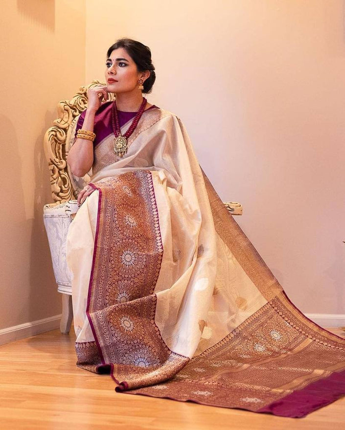 Elegant Cream Banarasi Silk Saree with Wine Zari Border & Traditional Butti | Premium Festive & Wedding Wear