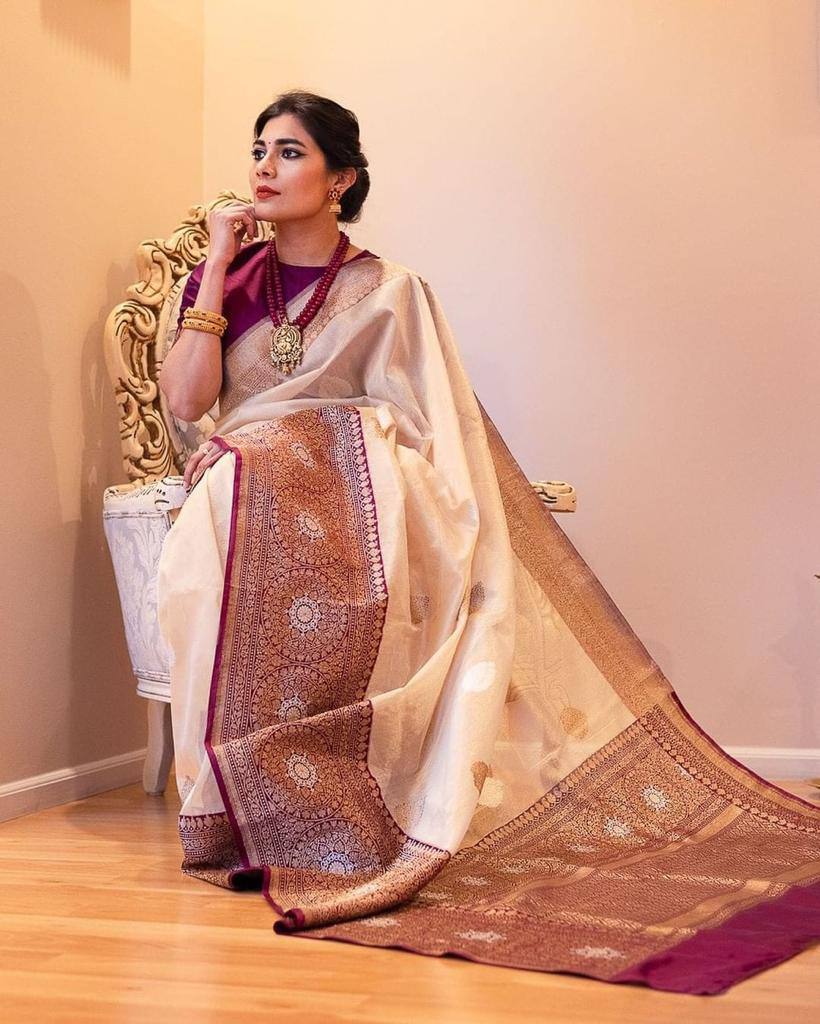 Elegant Cream Banarasi Silk Saree with Wine Zari Border & Traditional Butti | Premium Festive & Wedding Wear
