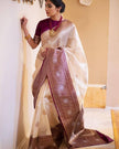 Elegant Cream Banarasi Silk Saree with Wine Zari Border & Traditional Butti | Premium Festive & Wedding Wear