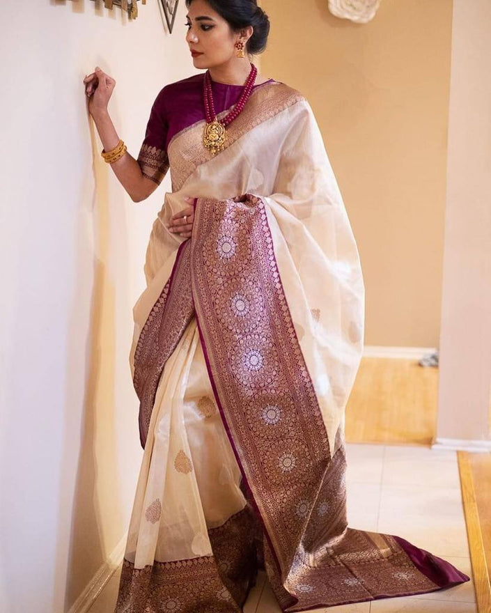 Elegant Cream Banarasi Silk Saree with Wine Zari Border & Traditional Butti | Premium Festive & Wedding Wear