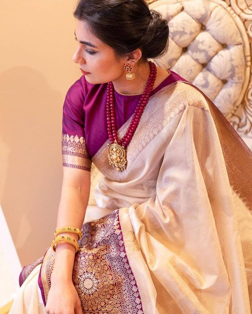 Elegant Cream Banarasi Silk Saree with Wine Zari Border & Traditional Butti | Premium Festive & Wedding Wear
