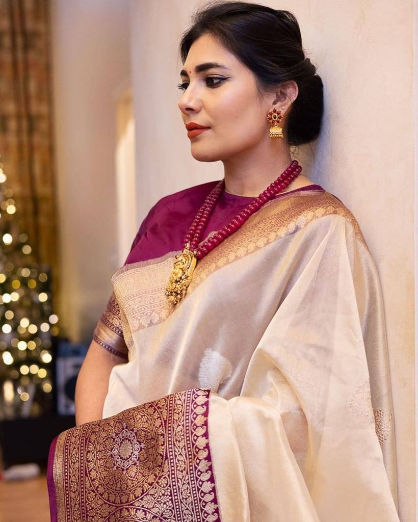 Elegant Cream Banarasi Silk Saree with Wine Zari Border & Traditional Butti | Premium Festive & Wedding Wear