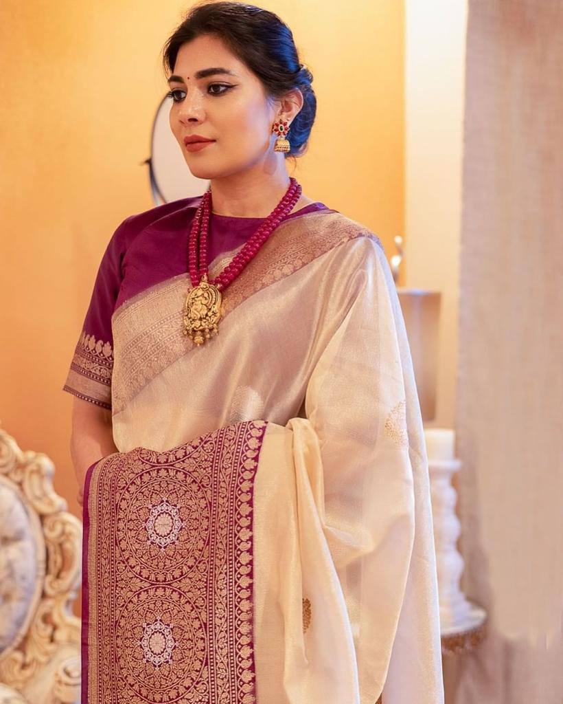 Elegant Cream Banarasi Silk Saree with Wine Zari Border & Traditional Butti | Premium Festive & Wedding Wear