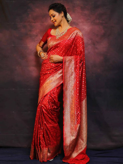 Royal Red Banarasi Silk Saree with Gold Zari Butti & Grand Traditional Border | Premium Bridal & Wedding Wear