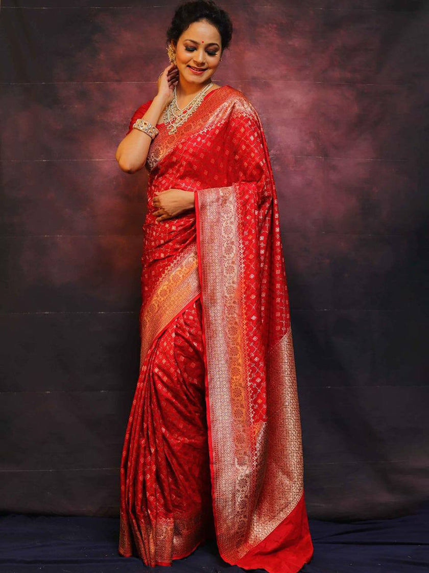 Royal Red Banarasi Silk Saree with Gold Zari Butti & Grand Traditional Border | Premium Bridal & Wedding Wear