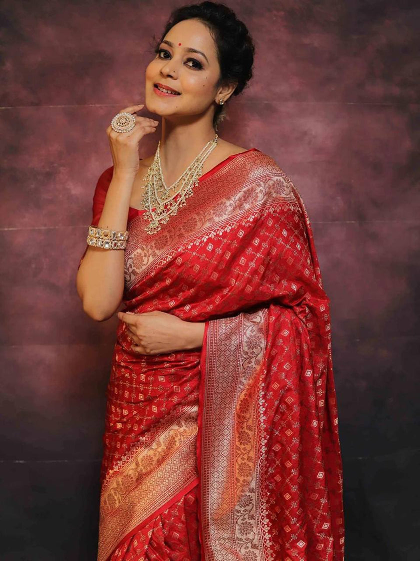 Royal Red Banarasi Silk Saree with Gold Zari Butti & Grand Traditional Border | Premium Bridal & Wedding Wear