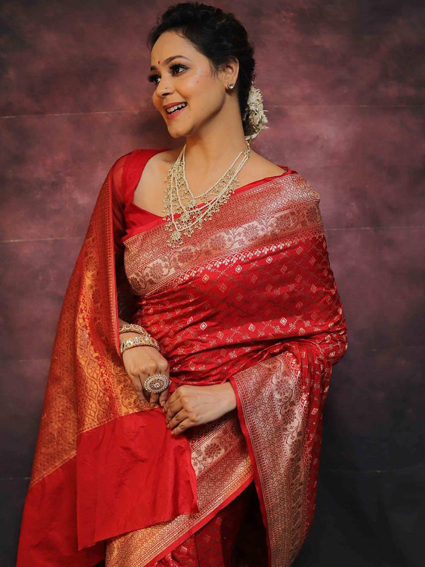 Royal Red Banarasi Silk Saree with Gold Zari Butti & Grand Traditional Border | Premium Bridal & Wedding Wear