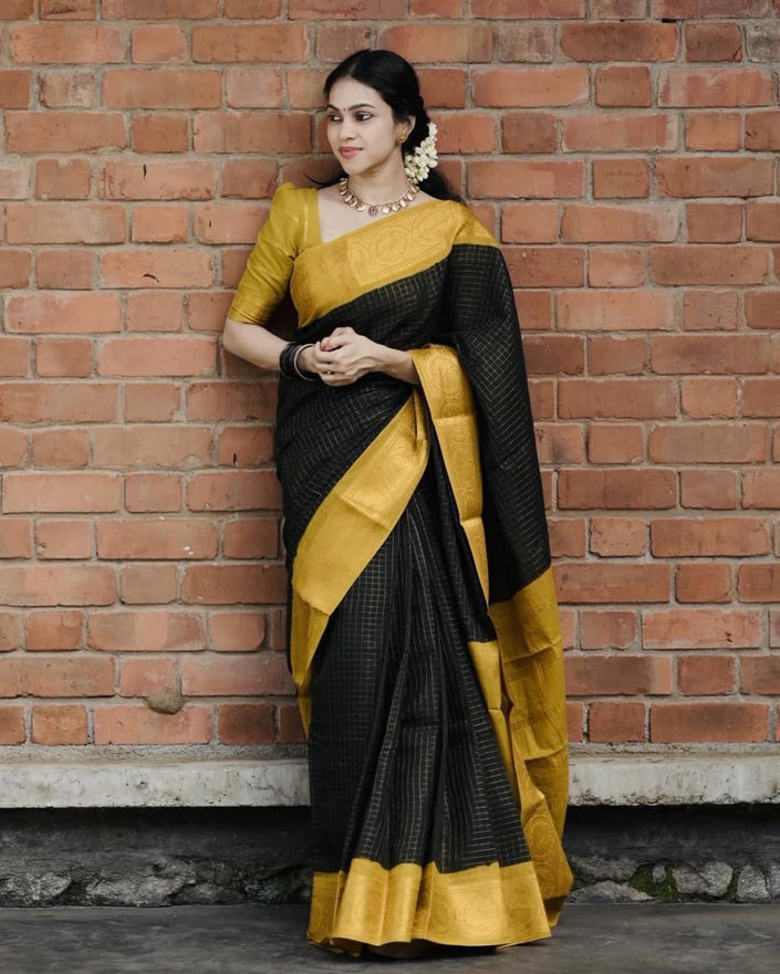 Royal Black Soft Cotton Saree with Antique Mustard Zari Border & Elegant Checked Weave