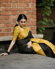Royal Black Soft Cotton Saree with Antique Mustard Zari Border & Elegant Checked Weave