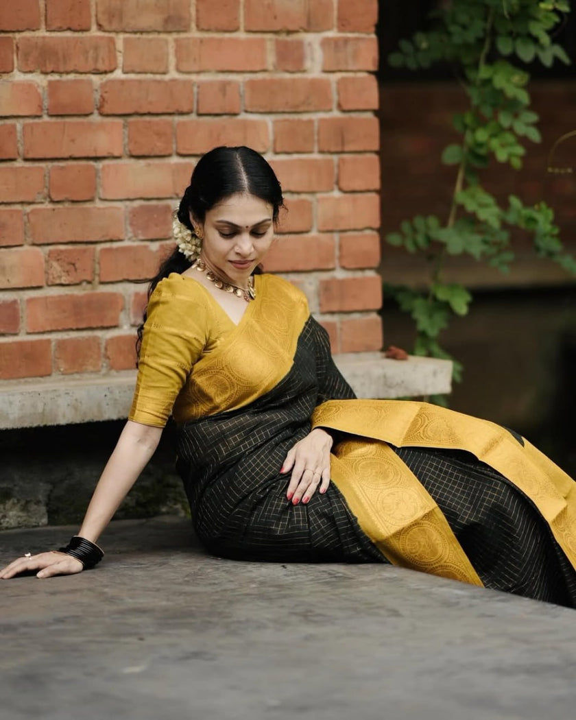 Royal Black Soft Cotton Saree with Antique Mustard Zari Border & Elegant Checked Weave