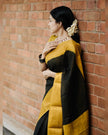 Royal Black Soft Cotton Saree with Antique Mustard Zari Border & Elegant Checked Weave