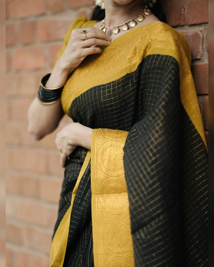 Royal Black Soft Cotton Saree with Antique Mustard Zari Border & Elegant Checked Weave