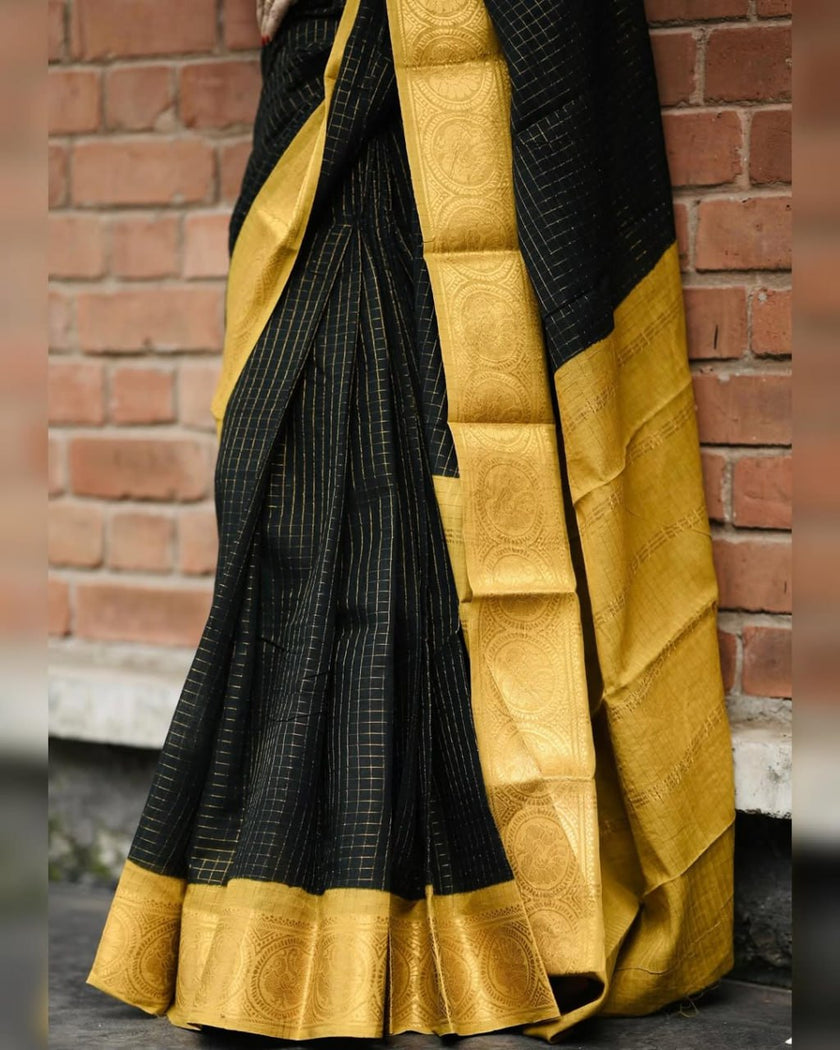 Royal Black Soft Cotton Saree with Antique Mustard Zari Border & Elegant Checked Weave