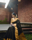 Royal Black Soft Cotton Saree with Antique Mustard Zari Border & Elegant Checked Weave