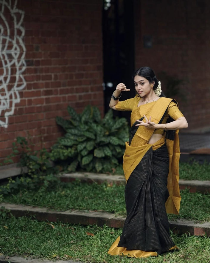 Royal Black Soft Cotton Saree with Antique Mustard Zari Border & Elegant Checked Weave