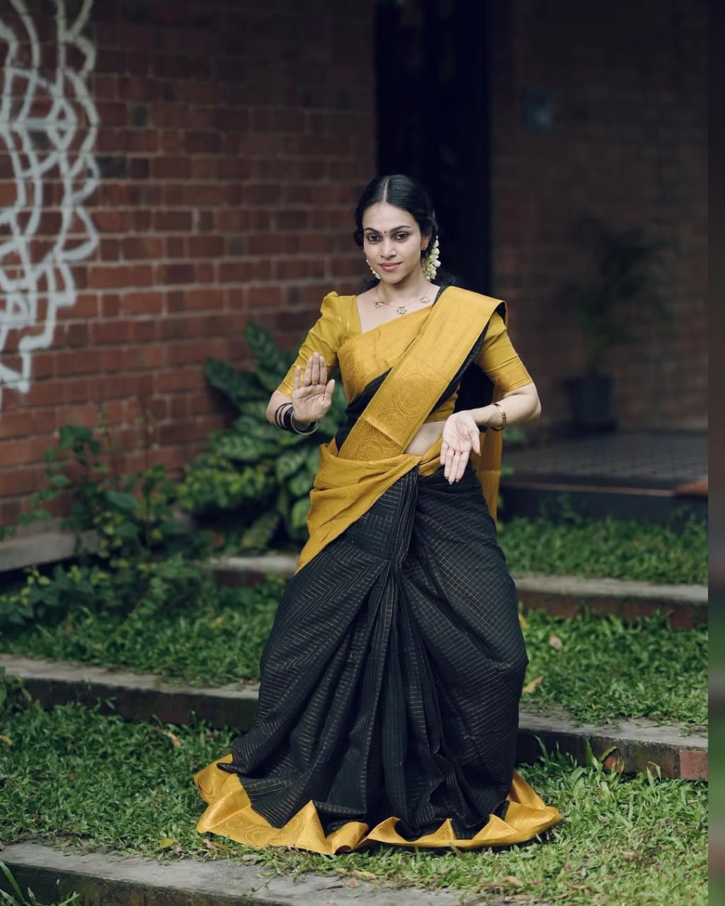Royal Black Soft Cotton Saree with Antique Mustard Zari Border & Elegant Checked Weave
