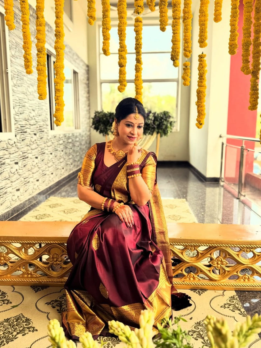Premium Wine Purple Soft Silk Saree with Rich Golden Zari Border & Traditional Pallu