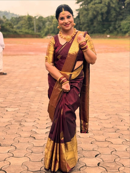 Premium Wine Purple Soft Silk Saree with Rich Golden Zari Border & Traditional Pallu