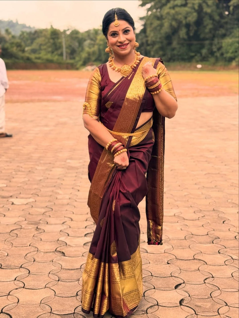 Premium Wine Purple Soft Silk Saree with Rich Golden Zari Border & Traditional Pallu