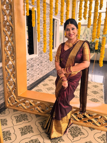 Premium Wine Purple Soft Silk Saree with Rich Golden Zari Border & Traditional Pallu