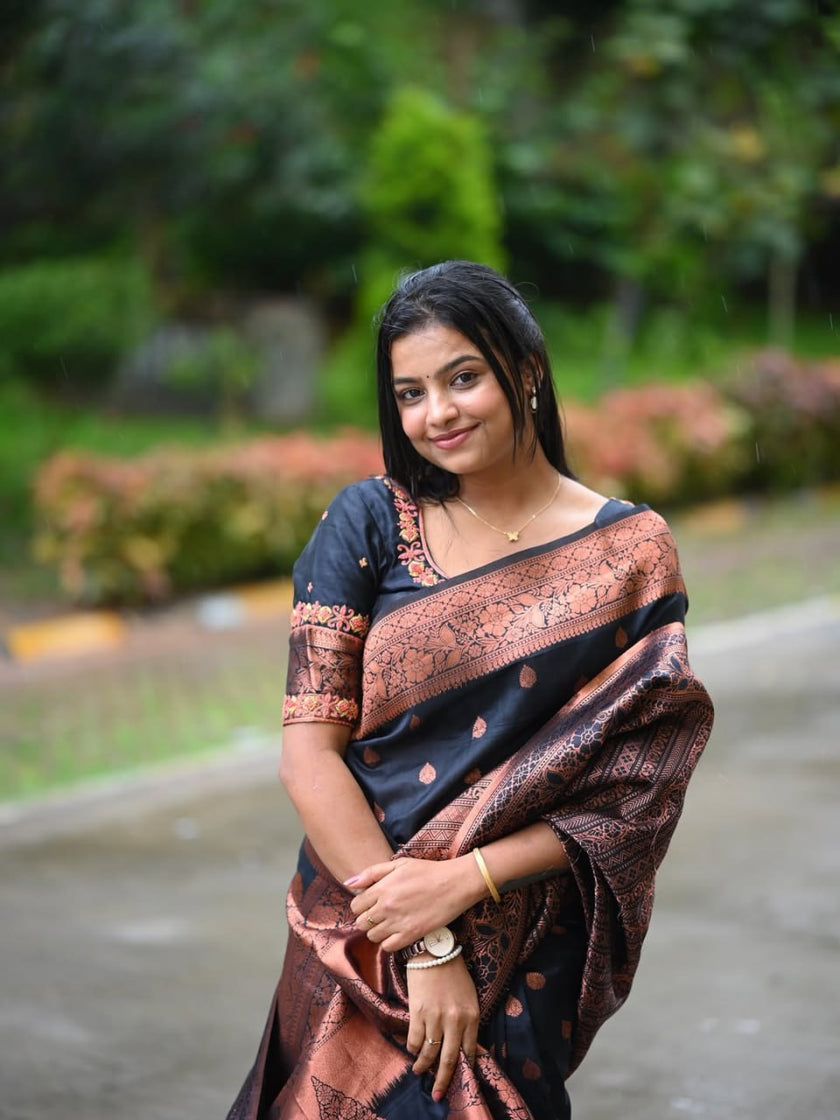 Luxury Black Banarasi Silk Saree with Copper Zari Weaving & Designer Rich Pallu
