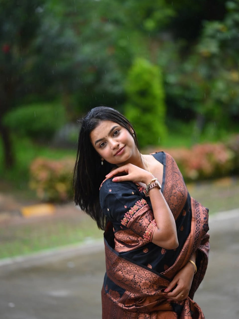 Luxury Black Banarasi Silk Saree with Copper Zari Weaving & Designer Rich Pallu