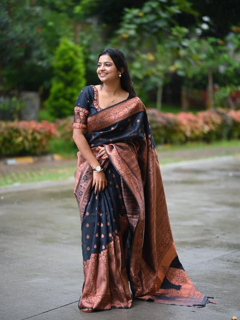 Luxury Black Banarasi Silk Saree with Copper Zari Weaving & Designer Rich Pallu