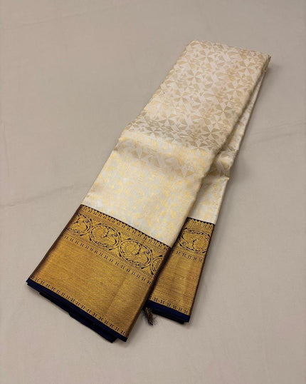 Premium Off White Kanjivaram Silk Saree with Royal Blue Contrast Border & Rich Gold Zari Weaving