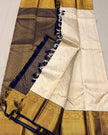 Premium Off White Kanjivaram Silk Saree with Royal Blue Contrast Border & Rich Gold Zari Weaving