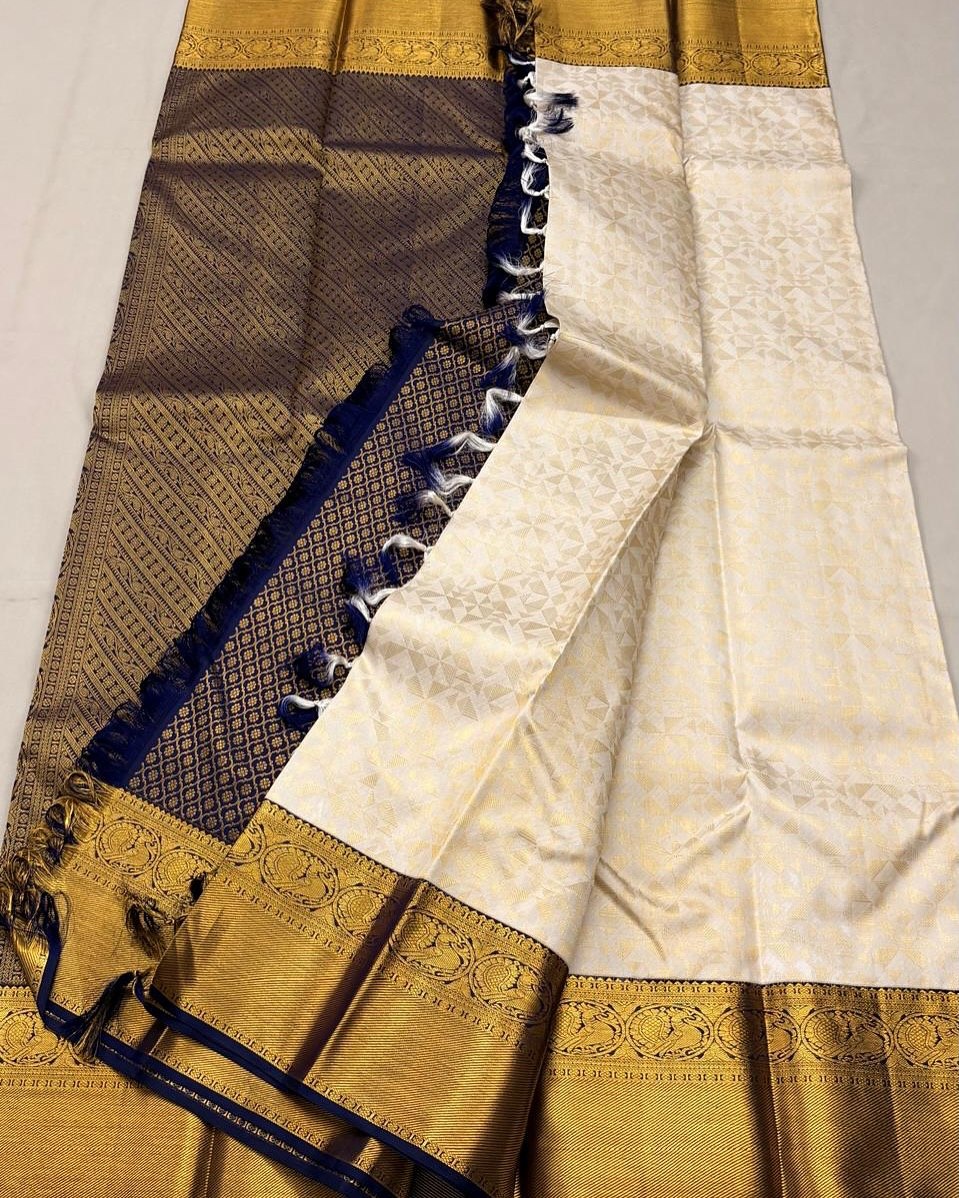 Premium Off White Kanjivaram Silk Saree with Royal Blue Contrast Border & Rich Gold Zari Weaving