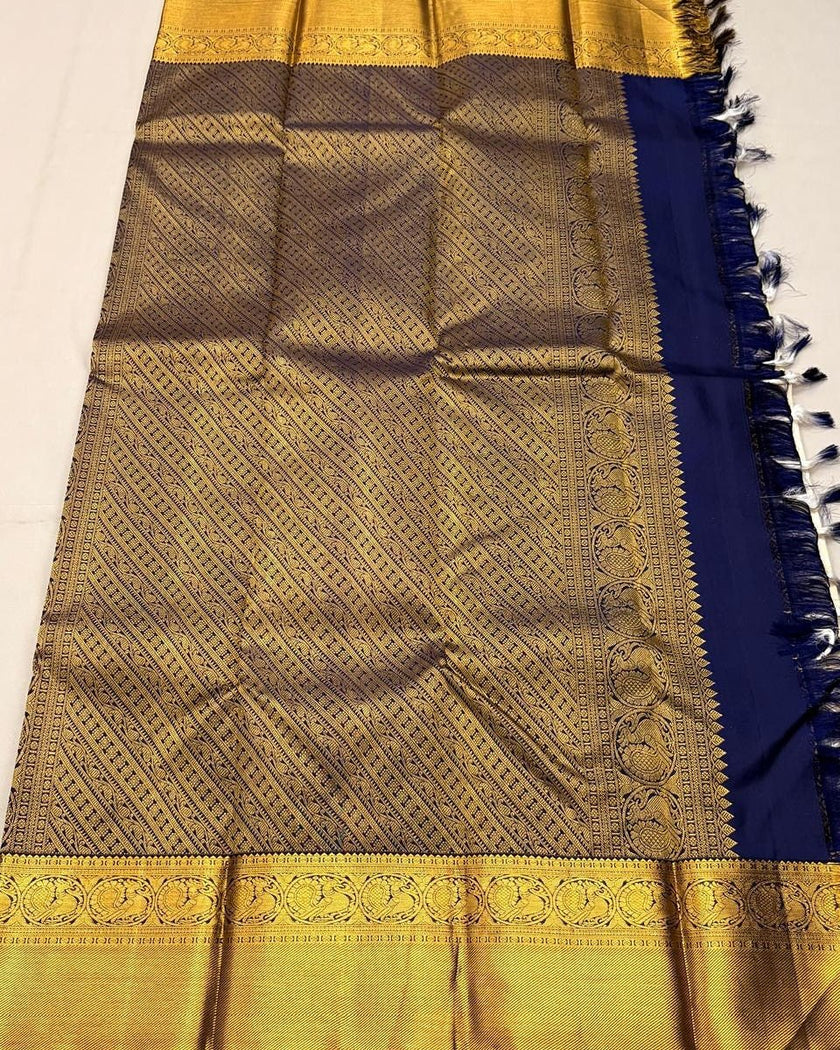 Premium Off White Kanjivaram Silk Saree with Royal Blue Contrast Border & Rich Gold Zari Weaving