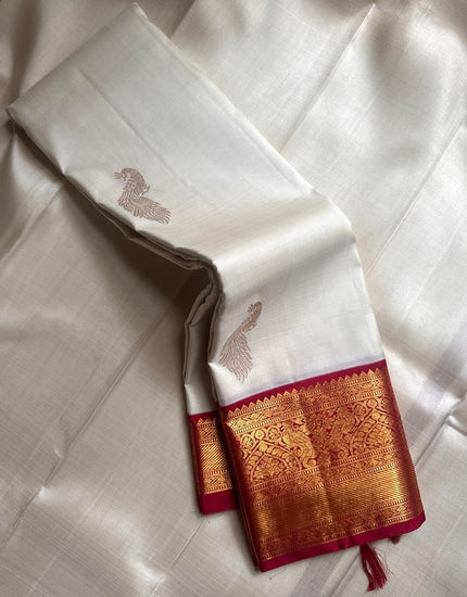 Luxury White Kanjivaram Silk Saree with Magenta Pink Temple Border & Rich Gold Zari Weaving
