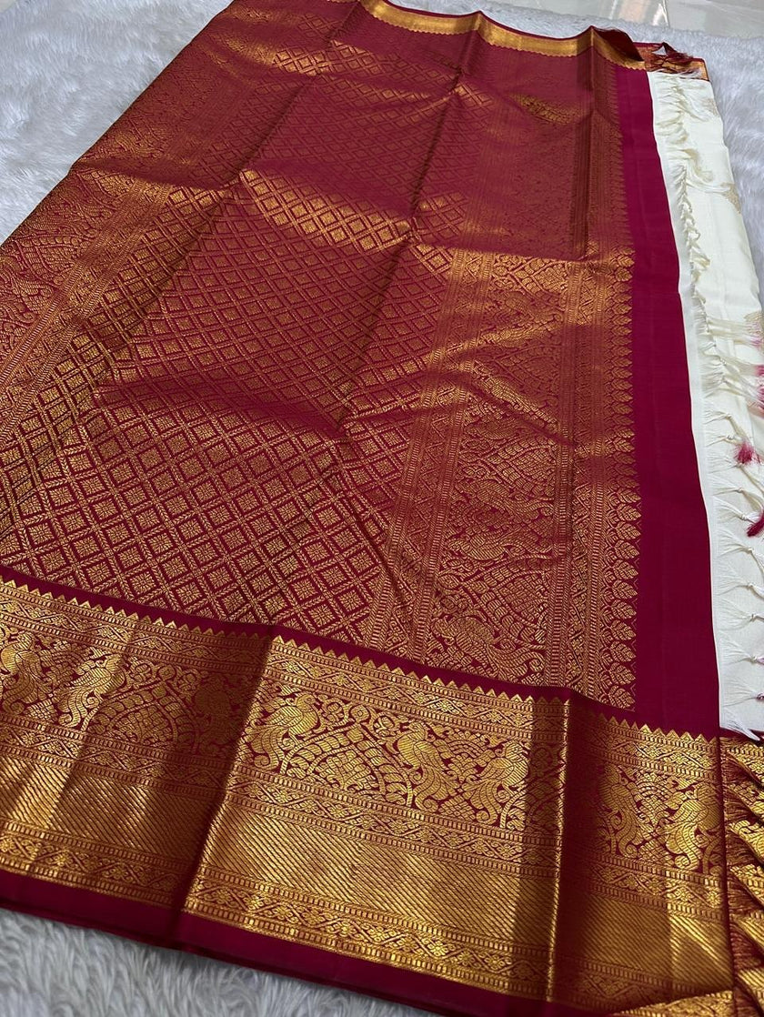 Luxury White Kanjivaram Silk Saree with Magenta Pink Temple Border & Rich Gold Zari Weaving
