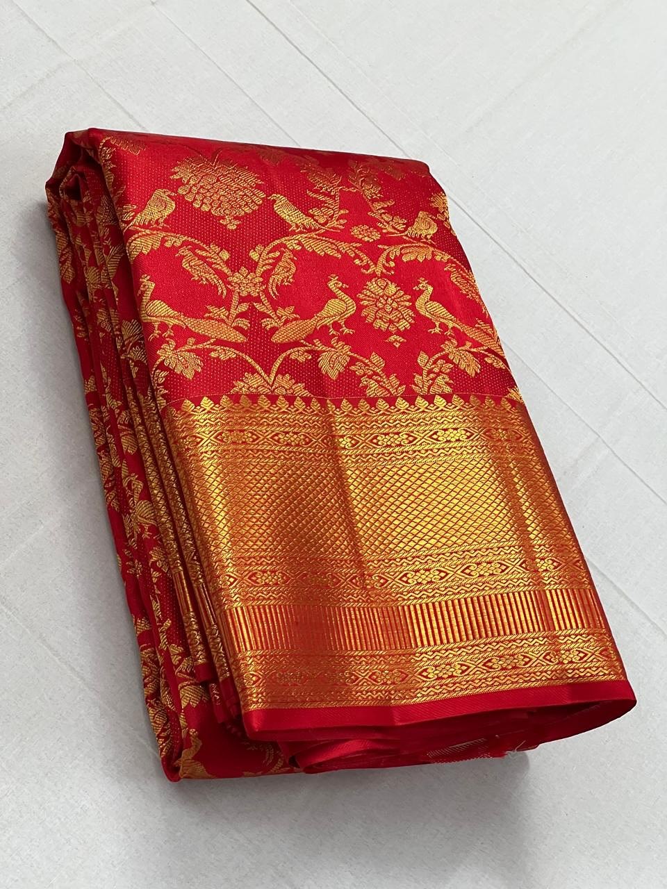 Royal Red Banarasi Silk Saree with Rich Gold Zari Peacock Weaving & Grand Border