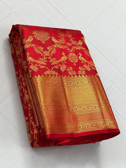 Royal Red Banarasi Silk Saree with Rich Gold Zari Peacock Weaving & Grand Border