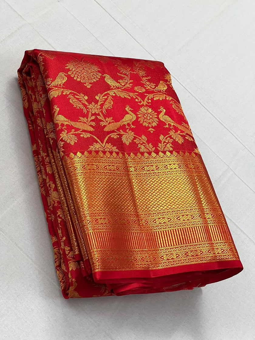 Royal Red Banarasi Silk Saree with Rich Gold Zari Peacock Weaving & Grand Border