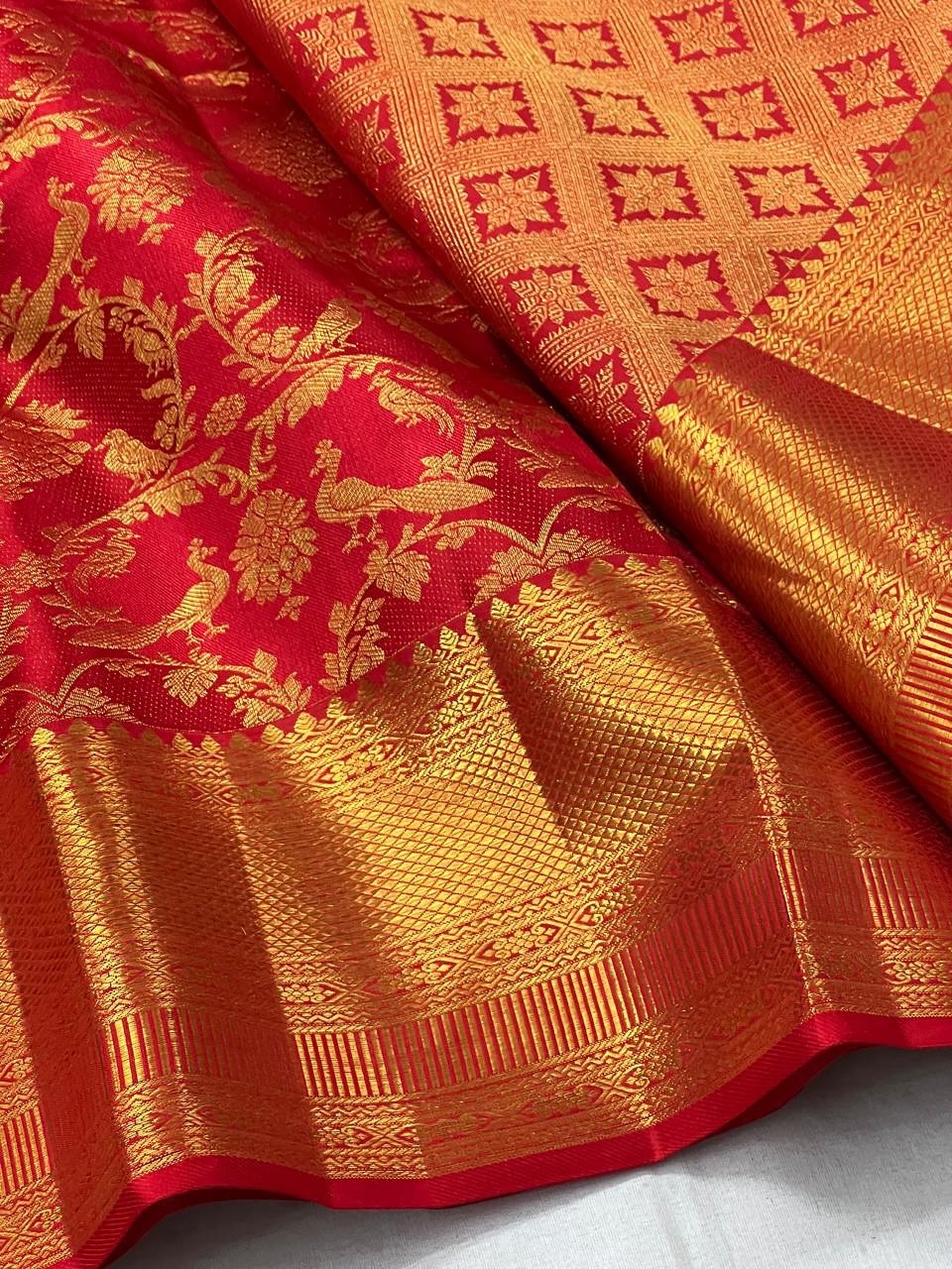 Royal Red Banarasi Silk Saree with Rich Gold Zari Peacock Weaving & Grand Border