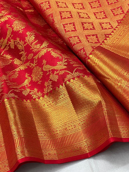 Royal Red Banarasi Silk Saree with Rich Gold Zari Peacock Weaving & Grand Border