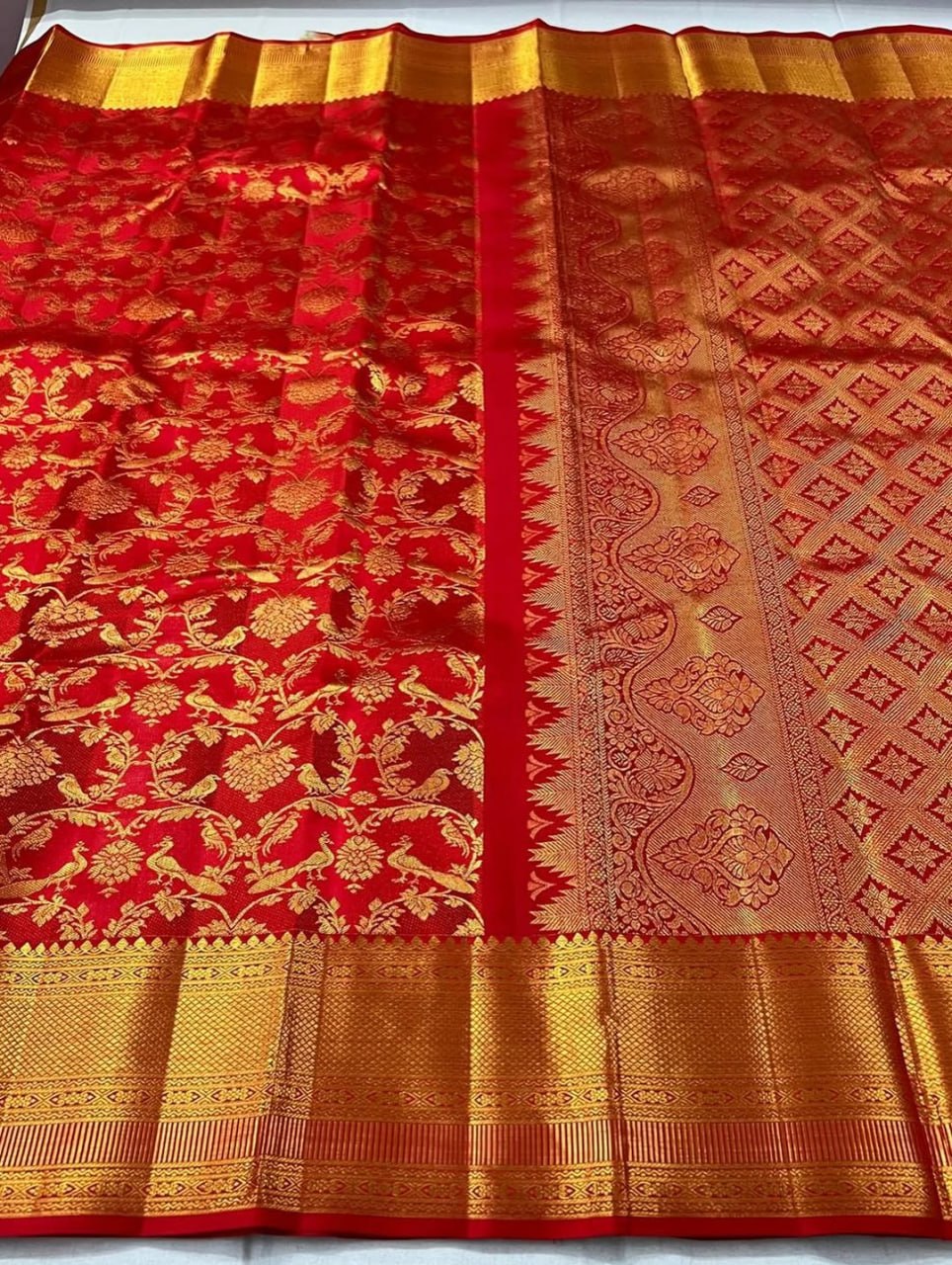 Royal Red Banarasi Silk Saree with Rich Gold Zari Peacock Weaving & Grand Border
