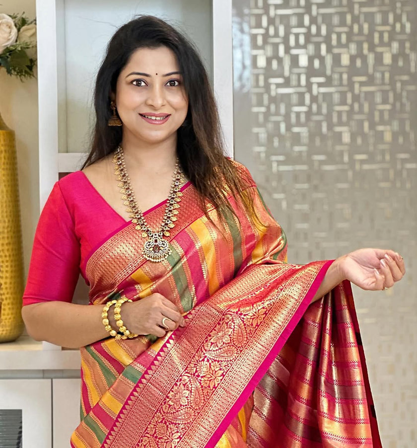 Premium Multicolor Kanjivaram Silk Saree with Pink Contrast Border & Rich Zari Weaving